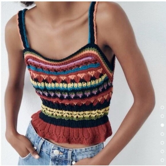 ZARA Multicolor Knit Crochet Tank Top Ruffle Women S Red Black Orange @K2 - Picture 1 of 7